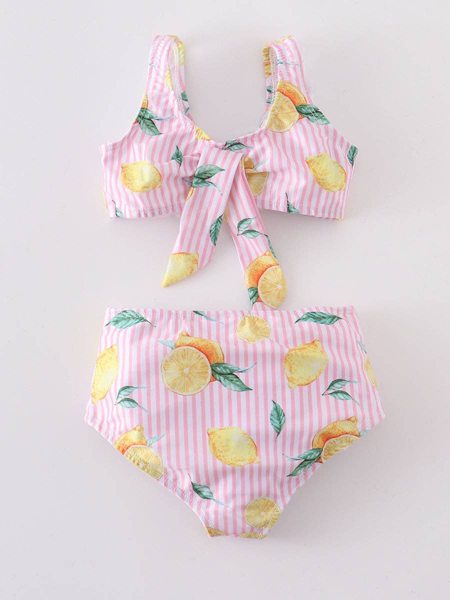 Pink Stripe Lemon Ruffle Girl Swimsuit Set: 12M