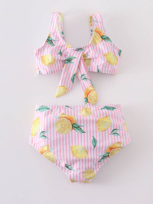 Pink Stripe Lemon Ruffle Girl Swimsuit Set: 12M