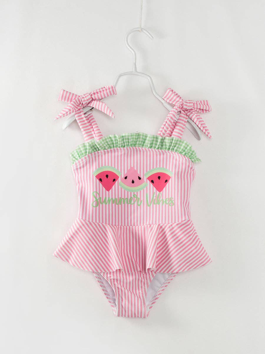 Pink Stripe Watermelon Ruffle Girl One Piece Swimsuit