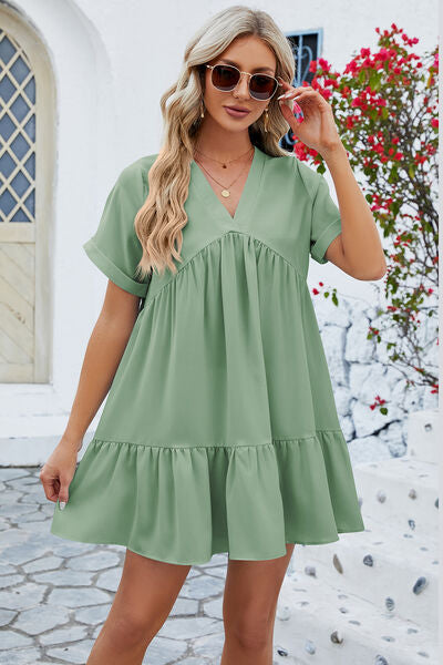 V-Neck Short Sleeve Mini Dress